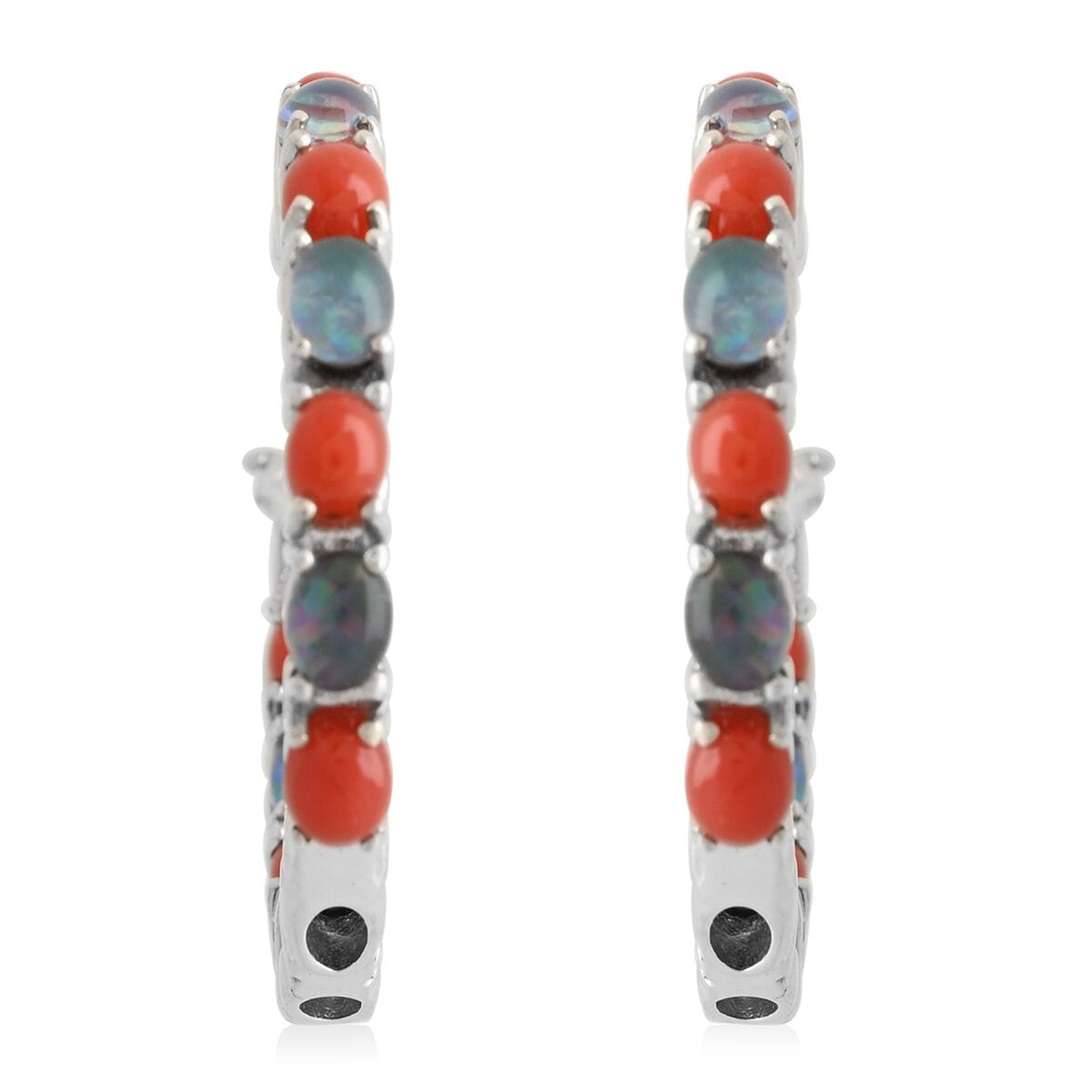 Boulder Opal Triplet and Mediterranean Coral Hoop Earrings in Rhodium Over Sterling Silver 7.10 Grams 5.75 ctw image number 0