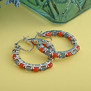 Boulder Opal Triplet and Mediterranean Coral 5.75 ctw Hoop Earrings in Rhodium Over Sterling Silver 7.10 Grams