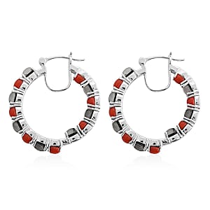 Boulder Opal Triplet and Mediterranean Coral 5.75 ctw Hoop Earrings in Rhodium Over Sterling Silver 7.10 Grams