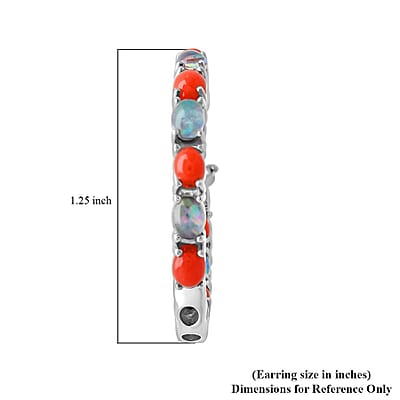 Boulder Opal Triplet and Mediterranean Coral 5.75 ctw Hoop Earrings in Rhodium Over Sterling Silver 7.10 Grams
