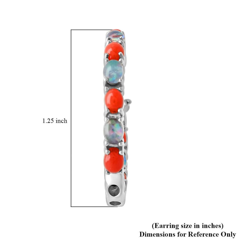 Boulder Opal Triplet and Mediterranean Coral 5.75 ctw Hoop Earrings in Rhodium Over Sterling Silver 7.10 Grams