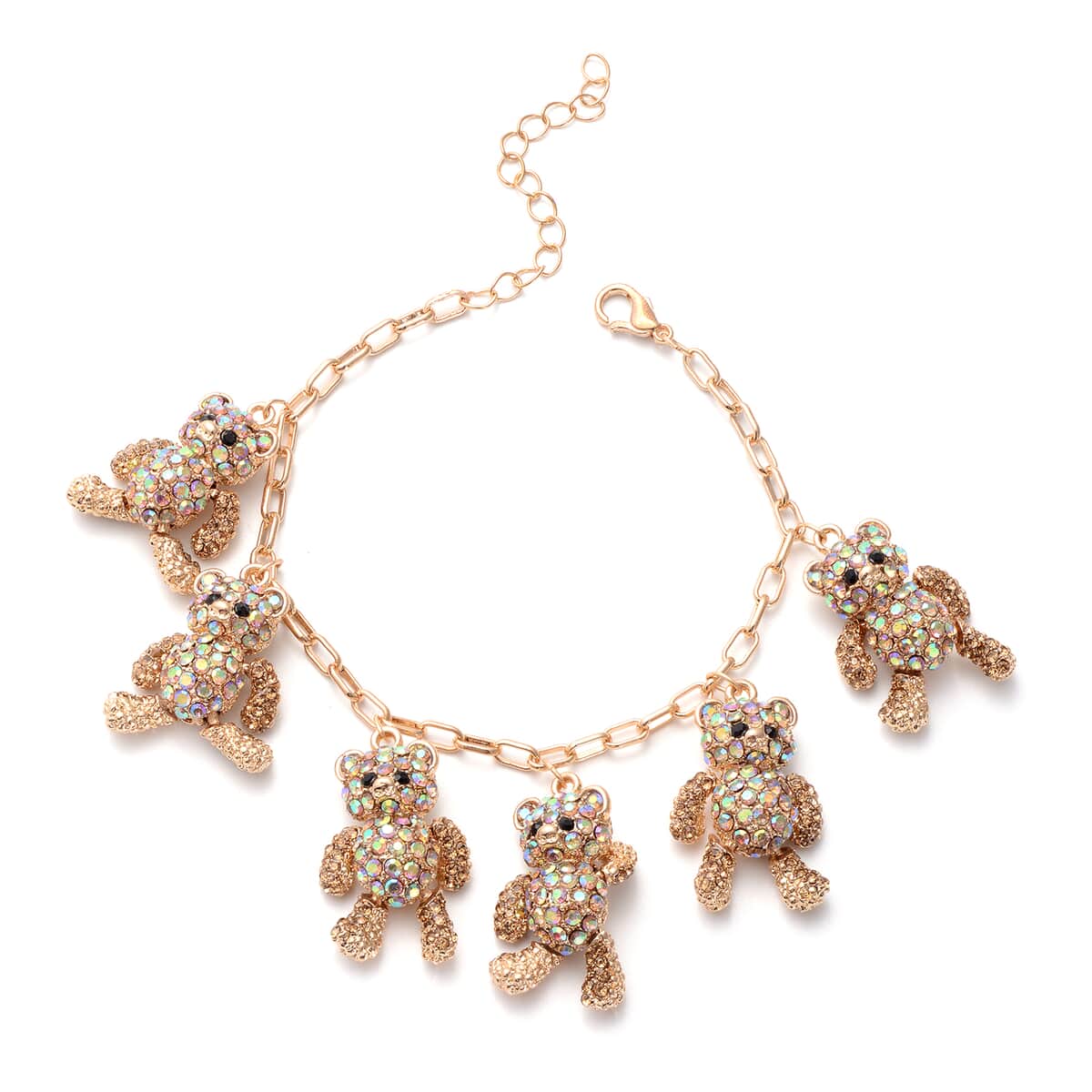 Champagne Magic Color and Black Austrian Crystal Teddy Bear Charms Bracelet in Goldtone (7.50 In) 35.15 ctw image number 0