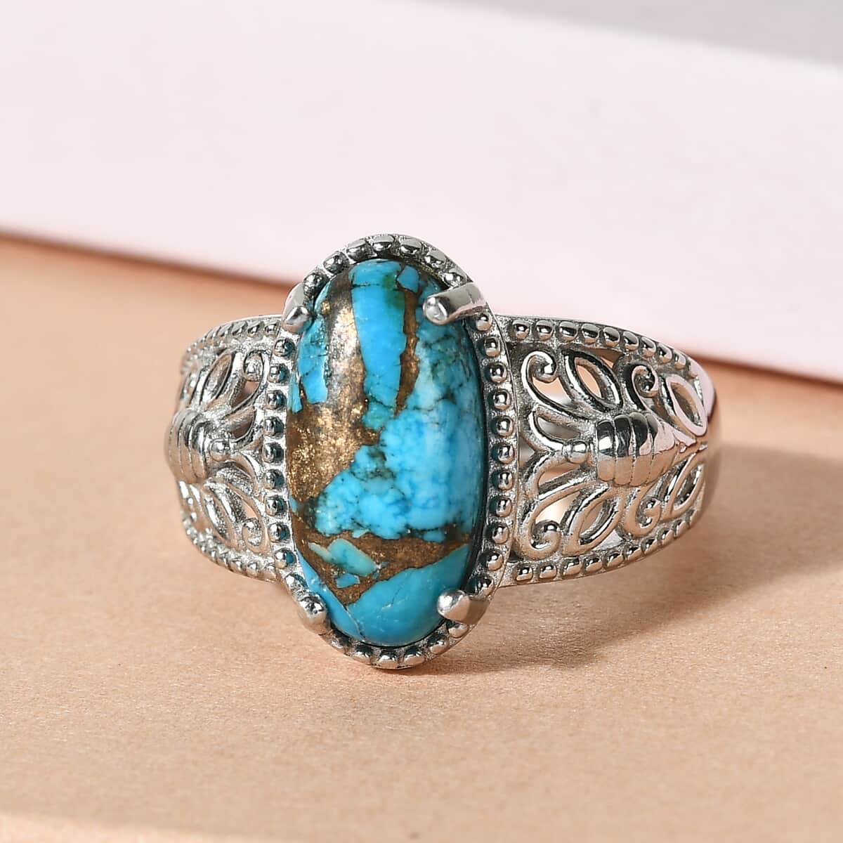 Karis Chestnut Brine Turquoise Solitaire Ring in Platinum Bond (Size 9.0) 3.20 ctw image number 1