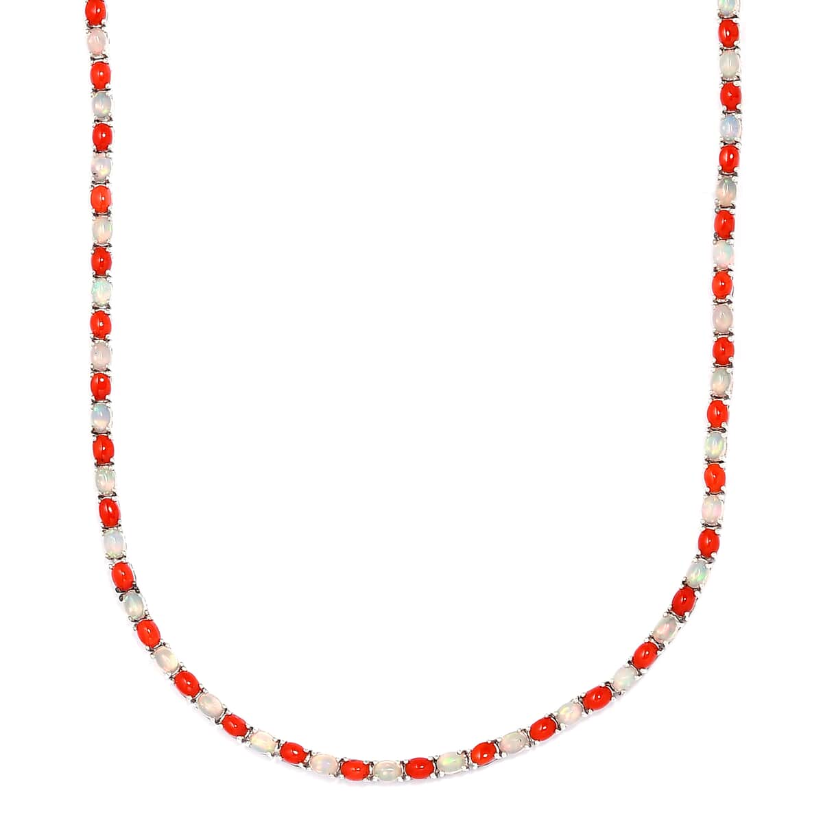 Ethiopian Welo Opal and Mediterranean Coral Tennis Necklace 18 Inches in Rhodium Over Sterling Silver 16.15 ctw image number 0