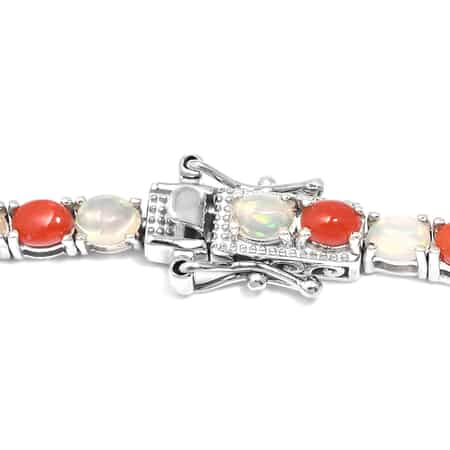 Ethiopian Welo Opal and Mediterranean Coral Tennis Necklace 18 Inches in Rhodium Over Sterling Silver 16.15 ctw image number 3