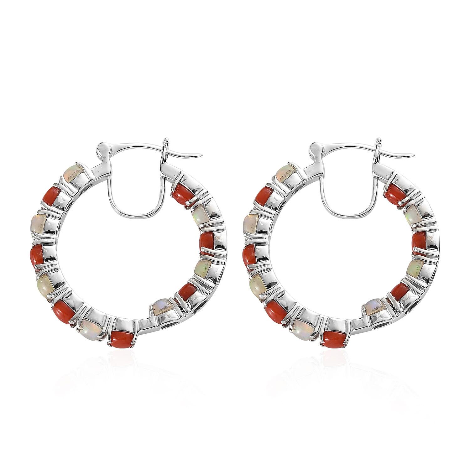 Ethiopian Welo Opal and Mediterranean Coral Hoop Earrings in Rhodium Over Sterling Silver 4.50 ctw