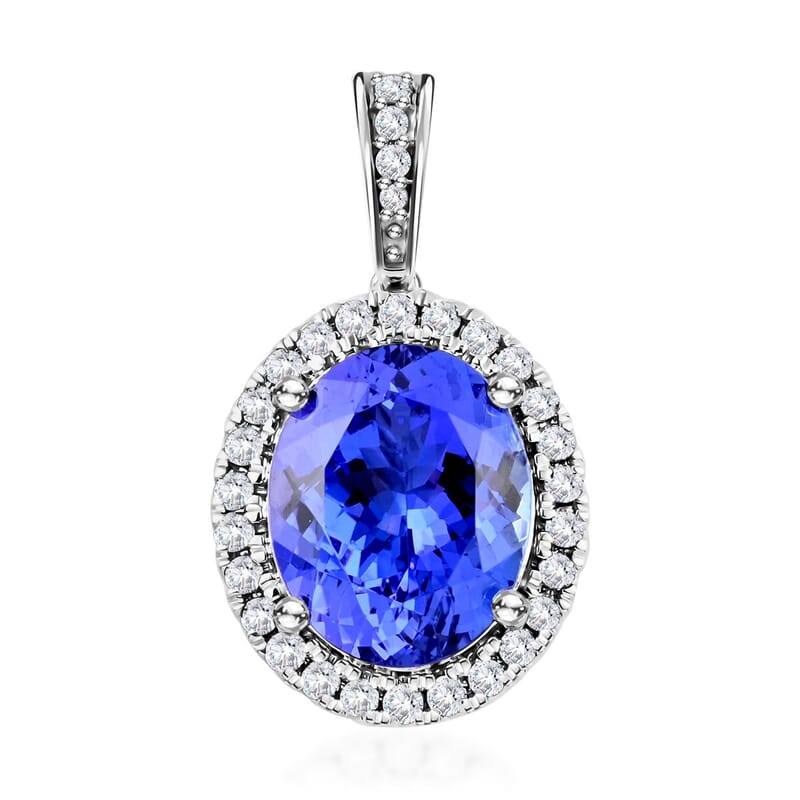 Certified & Appraised Luxoro 14K White Gold AAA Tanzanite and G-H I2 Diamond Halo Pendant without Chain 3.50 ctw