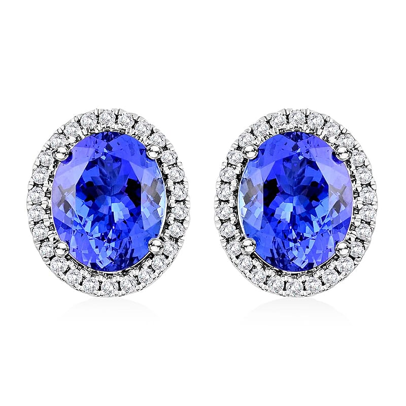 Certified & Appraised Luxoro 14K White Gold AAA Tanzanite and G-H I2 Diamond Halo Stud Earrings 3.75 ctw