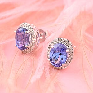 Certified & Appraised Luxoro 14K White Gold AAA Tanzanite and G-H I2 Diamond Halo Stud Earrings 3.75 ctw