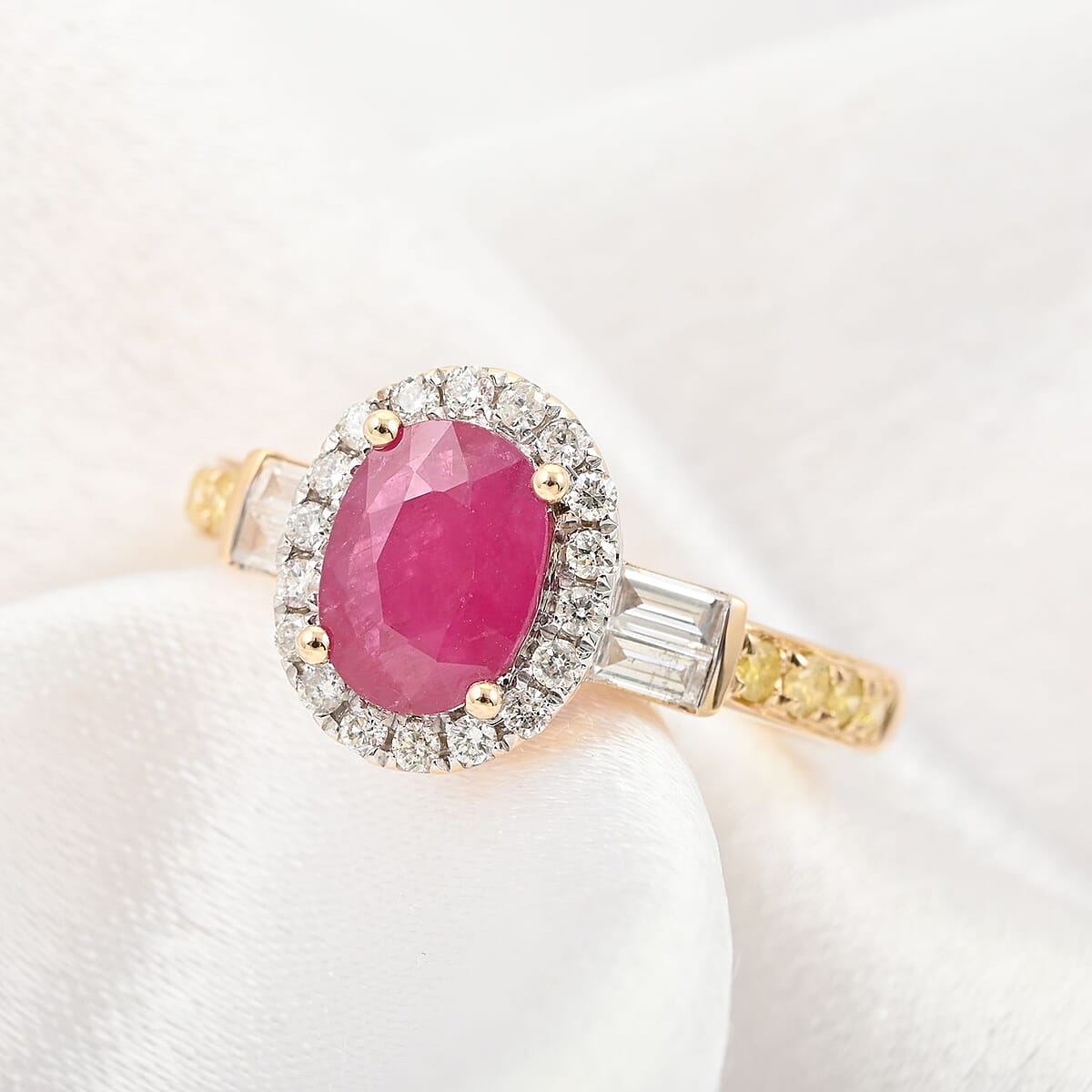 Modani 14K Yellow Gold Mozambique Ruby, Natural Yellow and White Diamond I1 Halo Ring 4.25 Grams 1.50 ctw (Del. in 10-12 Days) image number 1