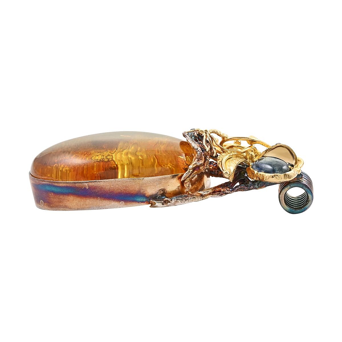 Baltic Amber and Multi Gemstone Antique Inspired Floral Insect Statement Pendant in Sterling Silver 4.00 ctw image number 3