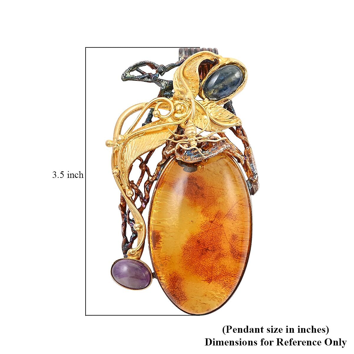 Baltic Amber and Multi Gemstone Antique Inspired Floral Insect Statement Pendant in Sterling Silver 4.00 ctw image number 4
