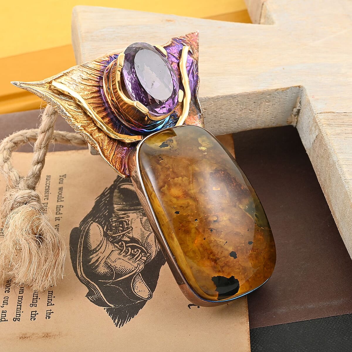 Baltic Amber and Amethyst Etruscan Inspired Angel Wings Foliage Statement Pendant in Sterling Silver 25.00 ctw image number 1