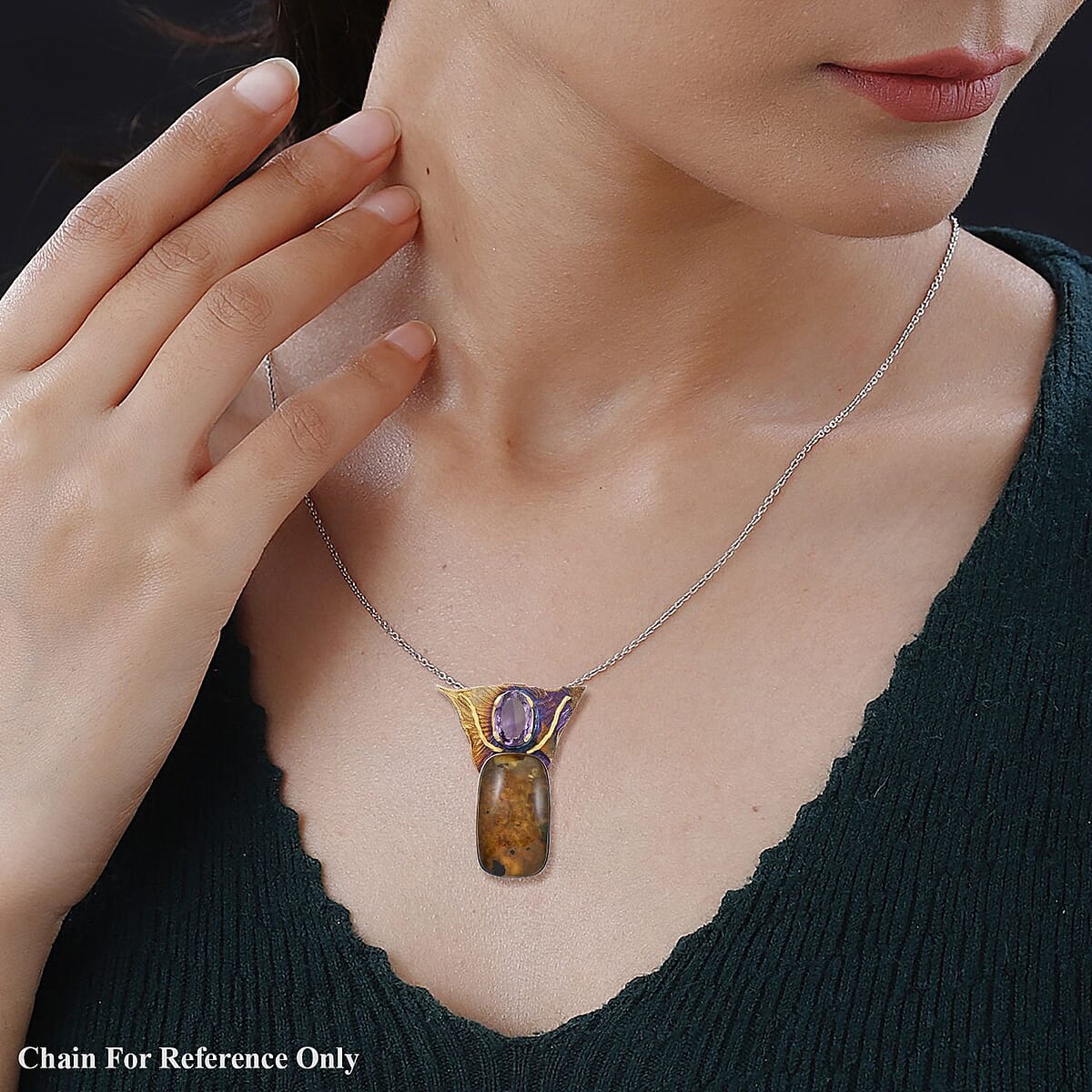 Baltic Amber and Amethyst Etruscan Inspired Angel Wings Foliage Statement Pendant in Sterling Silver 25.00 ctw image number 3
