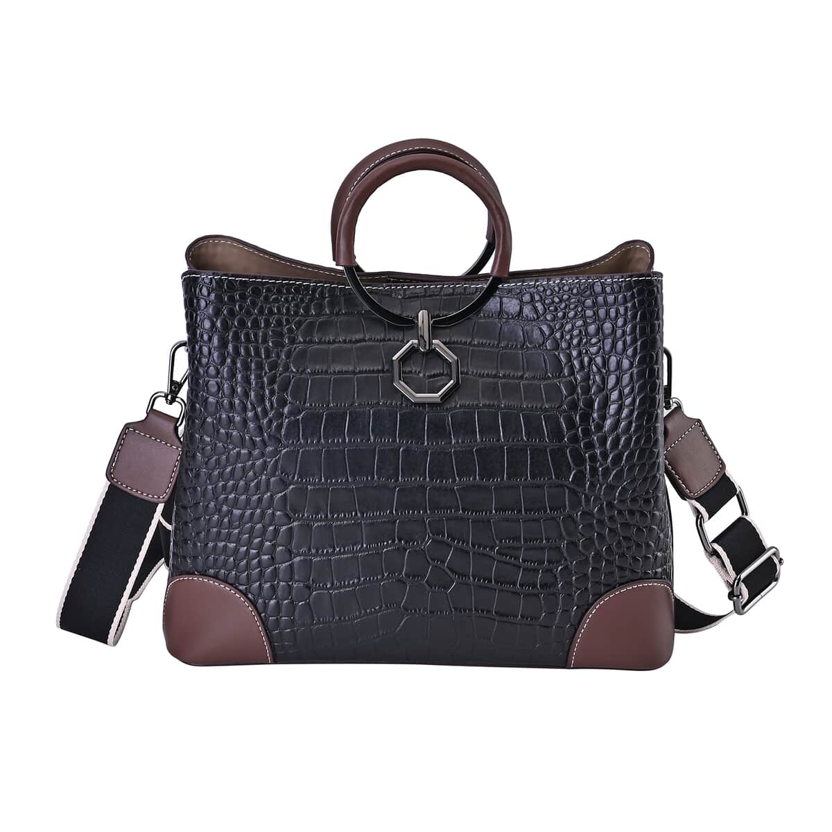 Black Crocodile Embossed Genuine Leather Crossbody Bag (11.8"4.7"9.4") with 2pcs Shoulder Strap image number 0