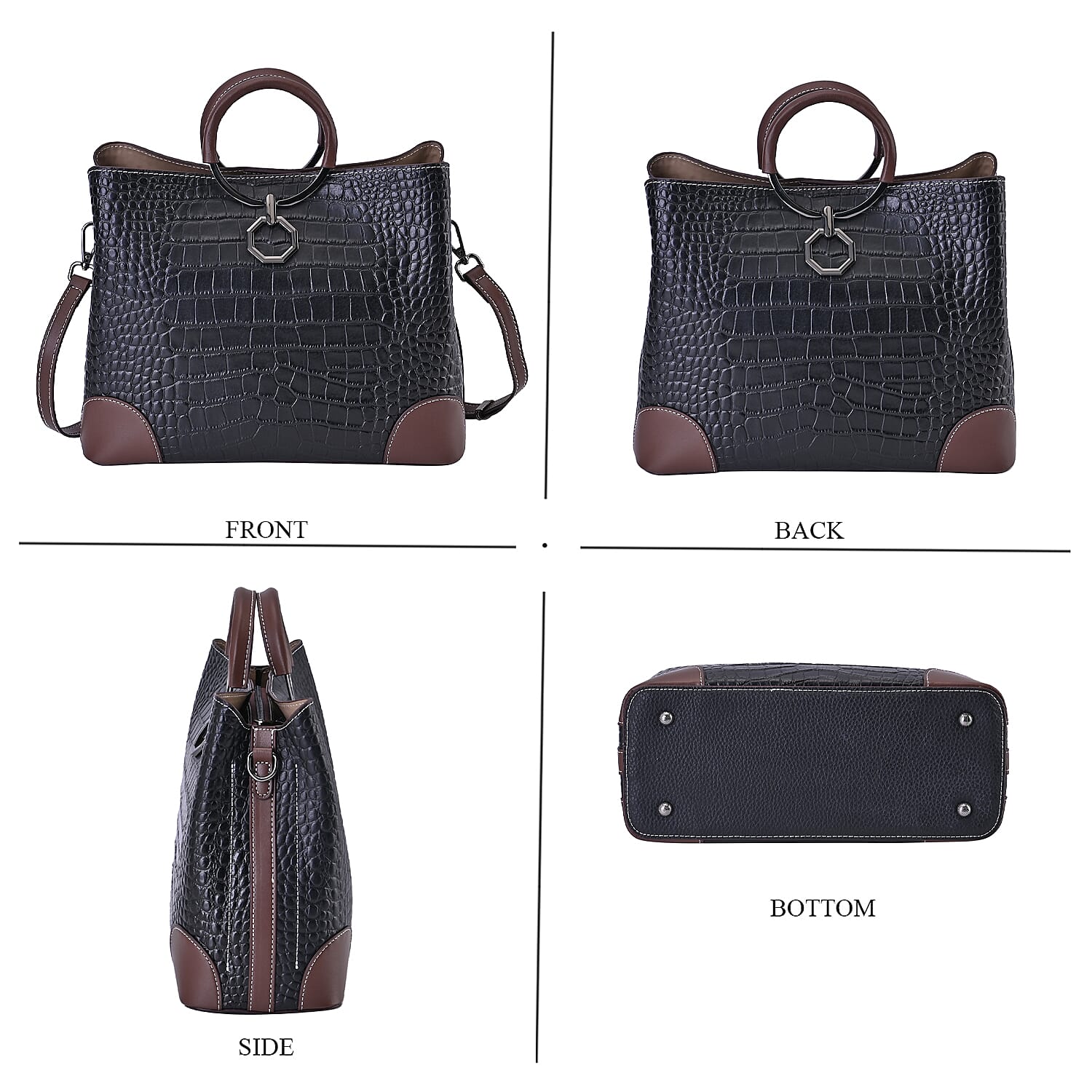 Black Crocodile Embossed Genuine Leather Crossbody Bag with 2pcs Shoulder Strap
