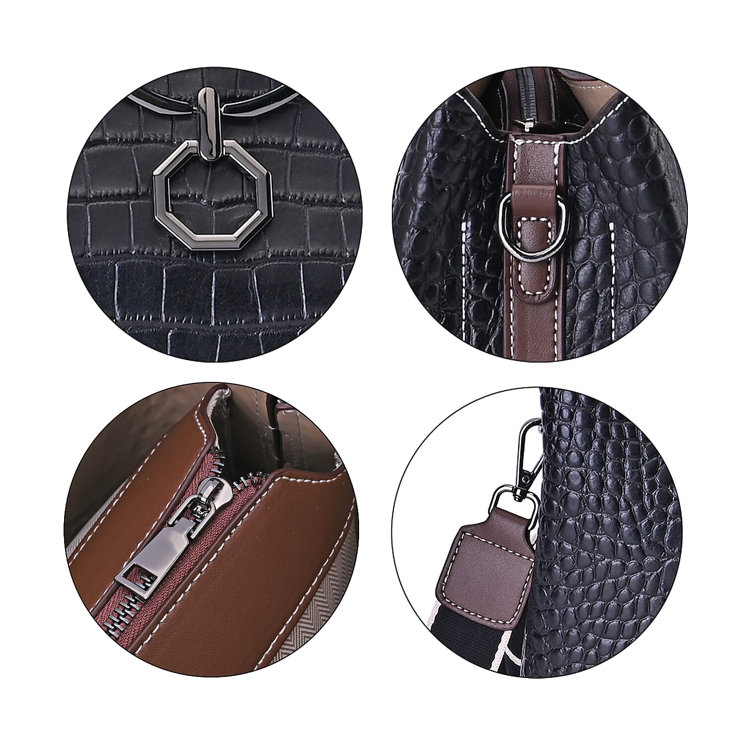 Black Crocodile Embossed Genuine Leather Crossbody Bag with 2pcs Shoulder Strap