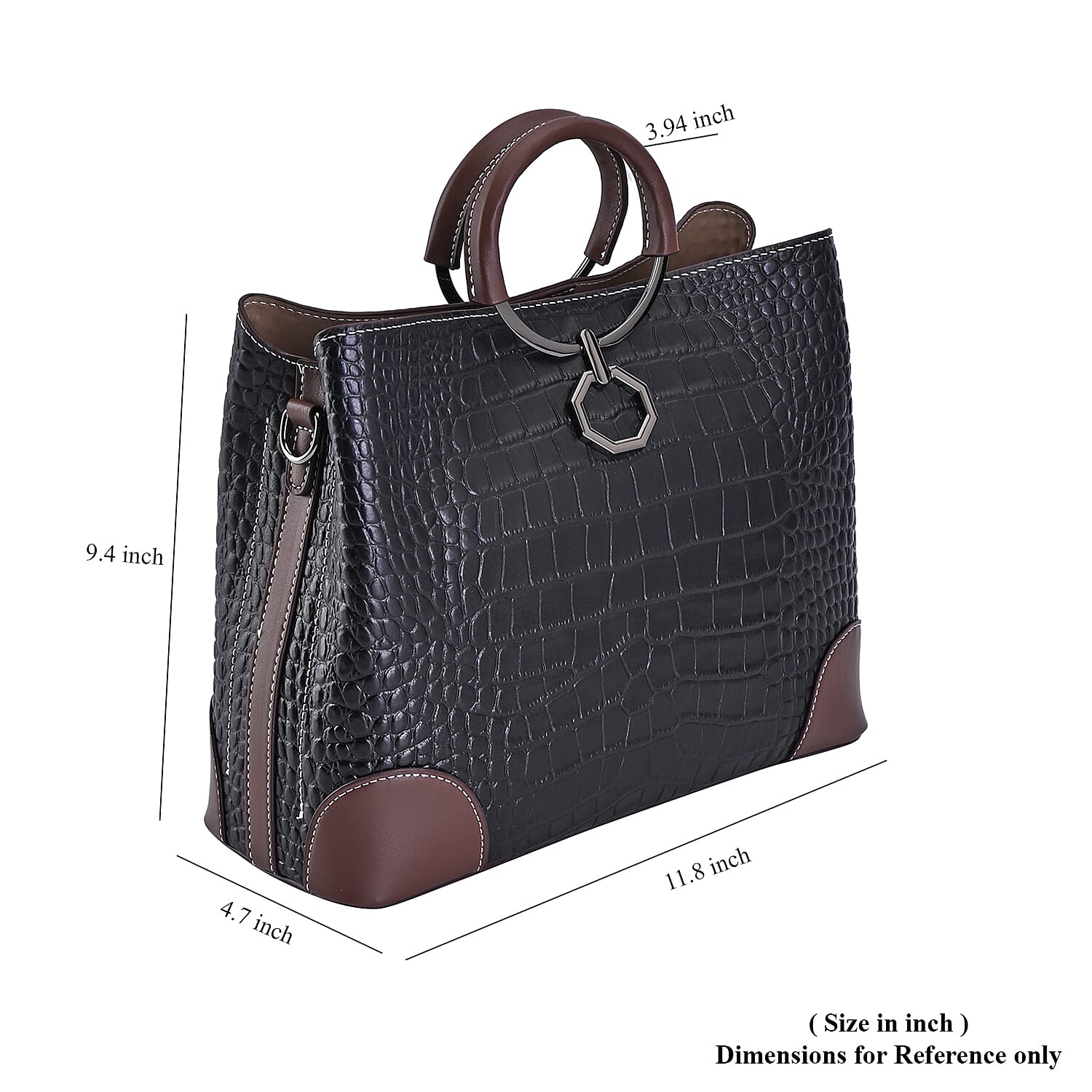 Black Crocodile Embossed Genuine Leather Crossbody Bag with 2pcs Shoulder Strap