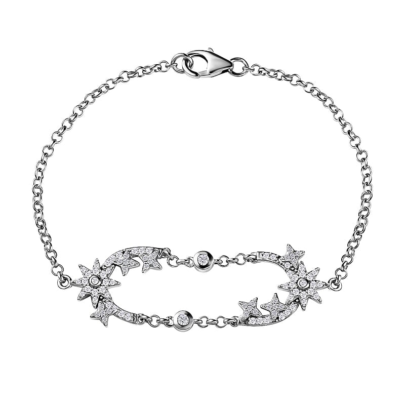 Moissanite 0.90 ctw Starburst Bracelet, Star Bracelet in Platinum Over Sterling Silver (7.25 In) 0.90 ctw