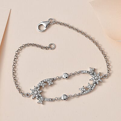 Moissanite 0.90 ctw Starburst Bracelet, Star Bracelet in Platinum Over Sterling Silver (7.25 In) 0.90 ctw
