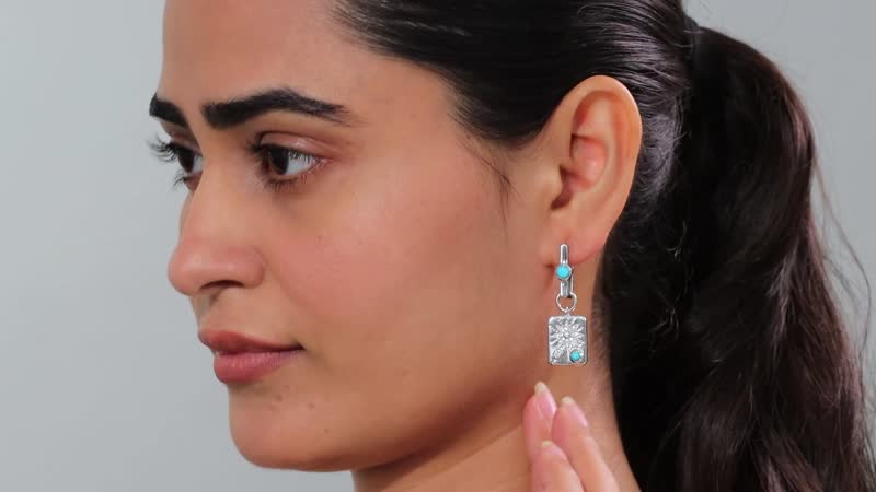Sleeping Beauty Turquoise and Moissanite Sun Starburst Medallion Statement Earrings in Platinum Over Sterling Silver 1.10 ctw