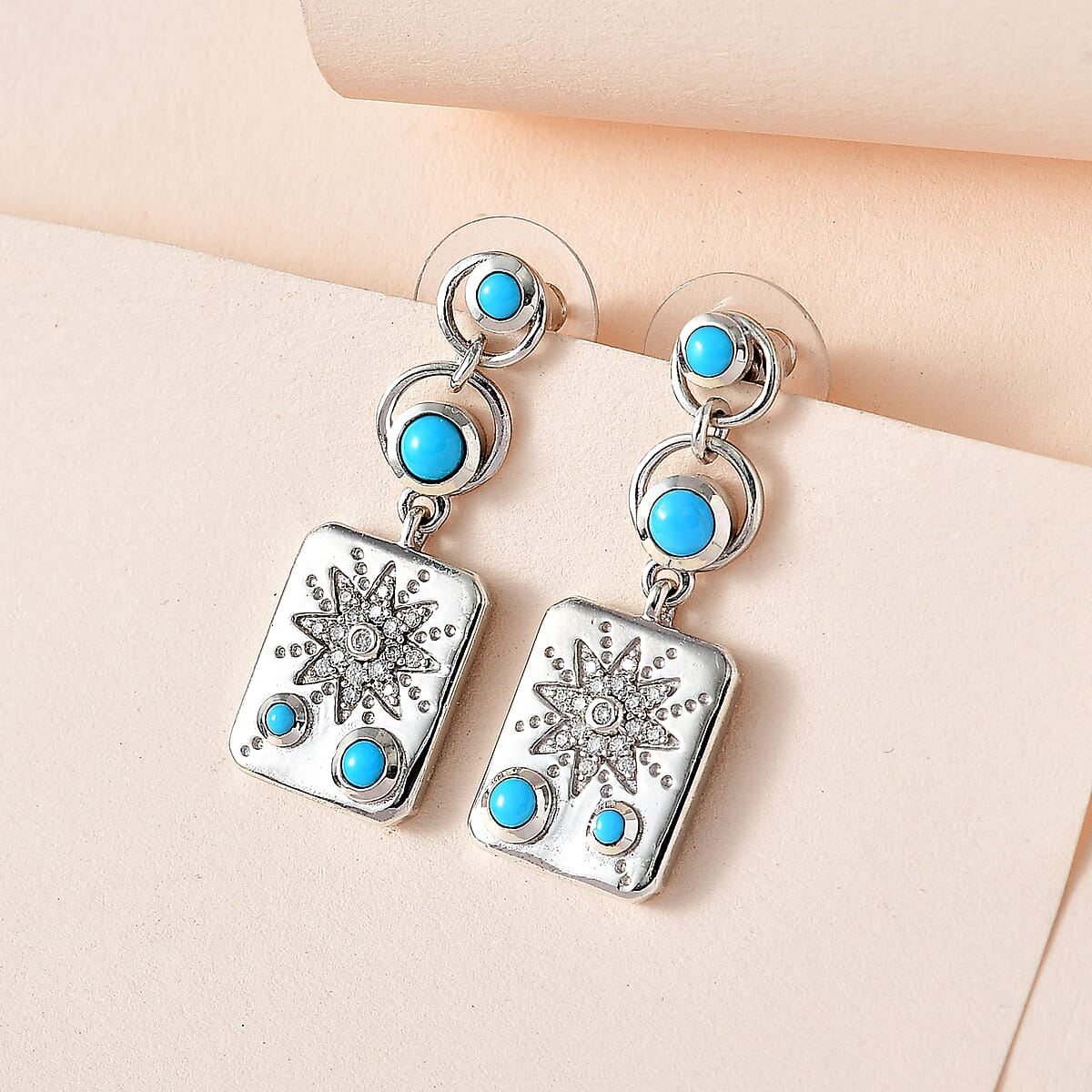 Sleeping Beauty Turquoise and Moissanite 1.35 ctw Sun Starburst Medallion Statement Earrings in Platinum Over Sterling Silver image number 1