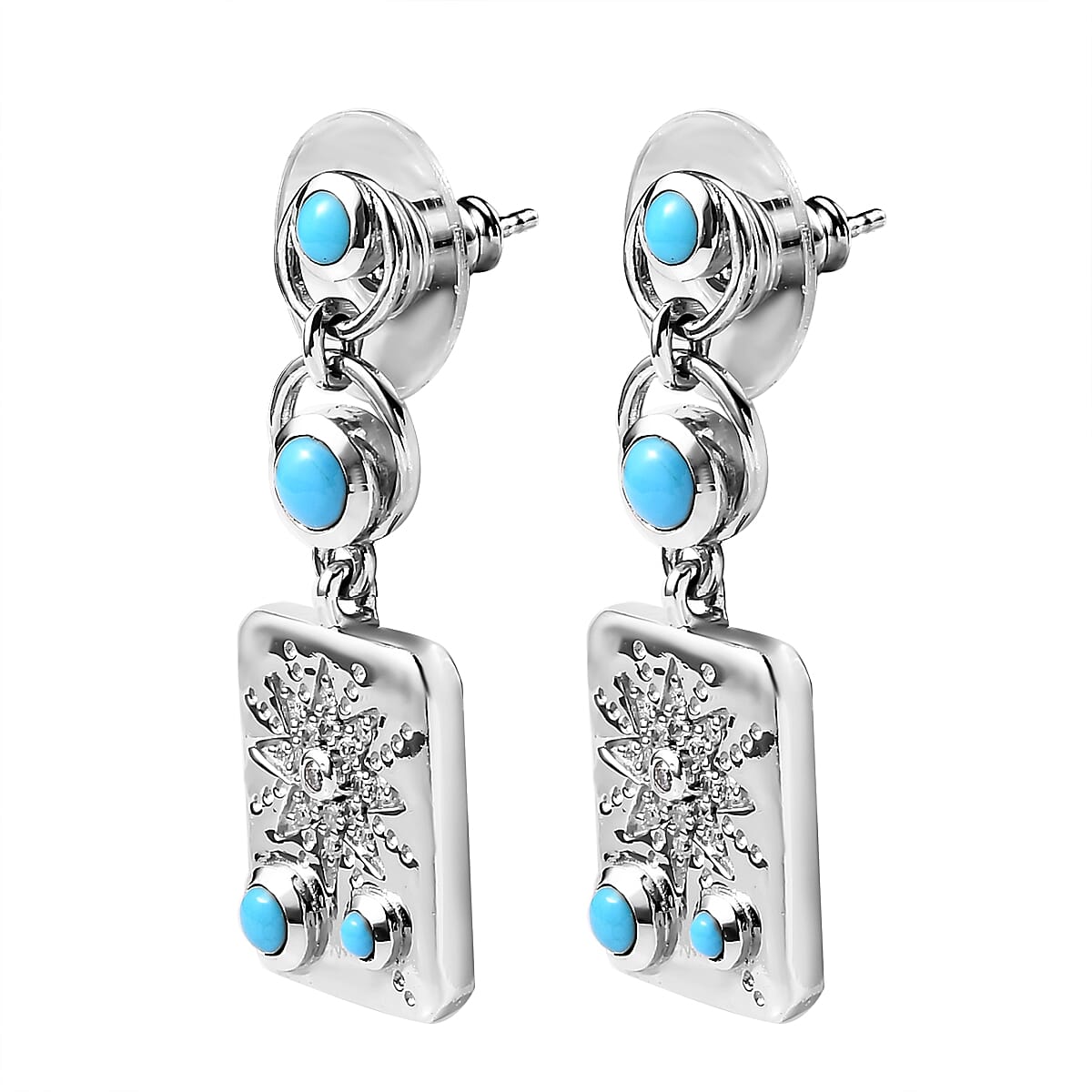 Sleeping Beauty Turquoise and Moissanite 1.35 ctw Sun Starburst Medallion Statement Earrings in Platinum Over Sterling Silver image number 3