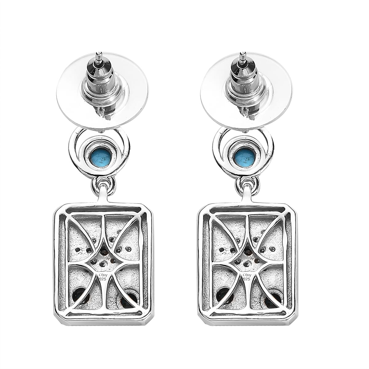 Sleeping Beauty Turquoise and Moissanite 1.35 ctw Sun Starburst Medallion Statement Earrings in Platinum Over Sterling Silver image number 4