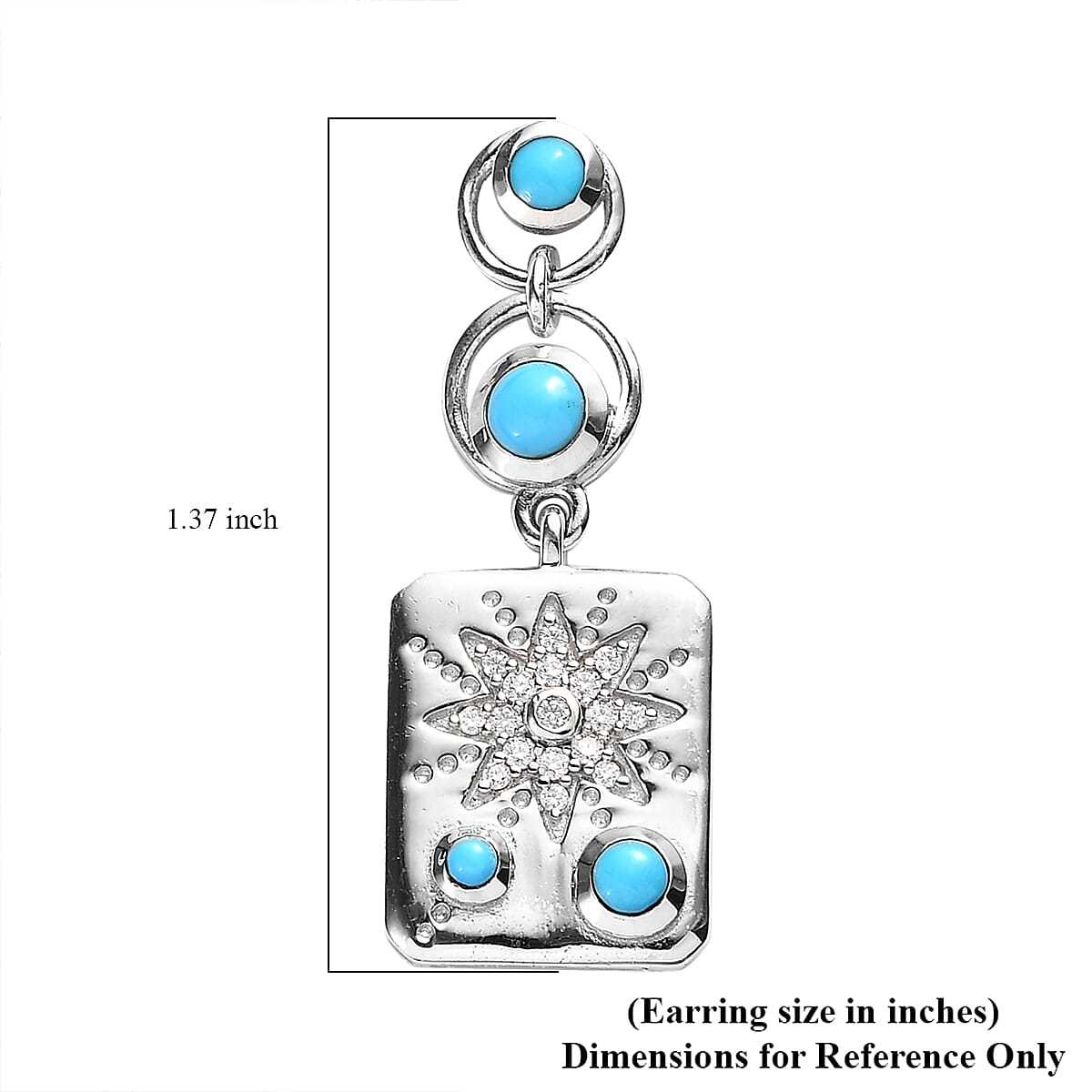 Sleeping Beauty Turquoise and Moissanite 1.35 ctw Sun Starburst Medallion Statement Earrings in Platinum Over Sterling Silver image number 5