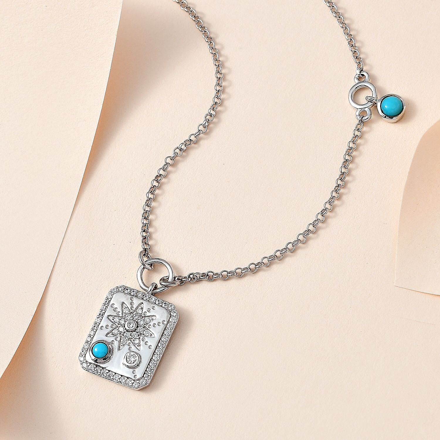 Sleeping Beauty Turquoise and Moissanite Celestial Medallion Charm Station Necklace 18 Inches in Platinum Over Sterling Silver 0.80 ctw