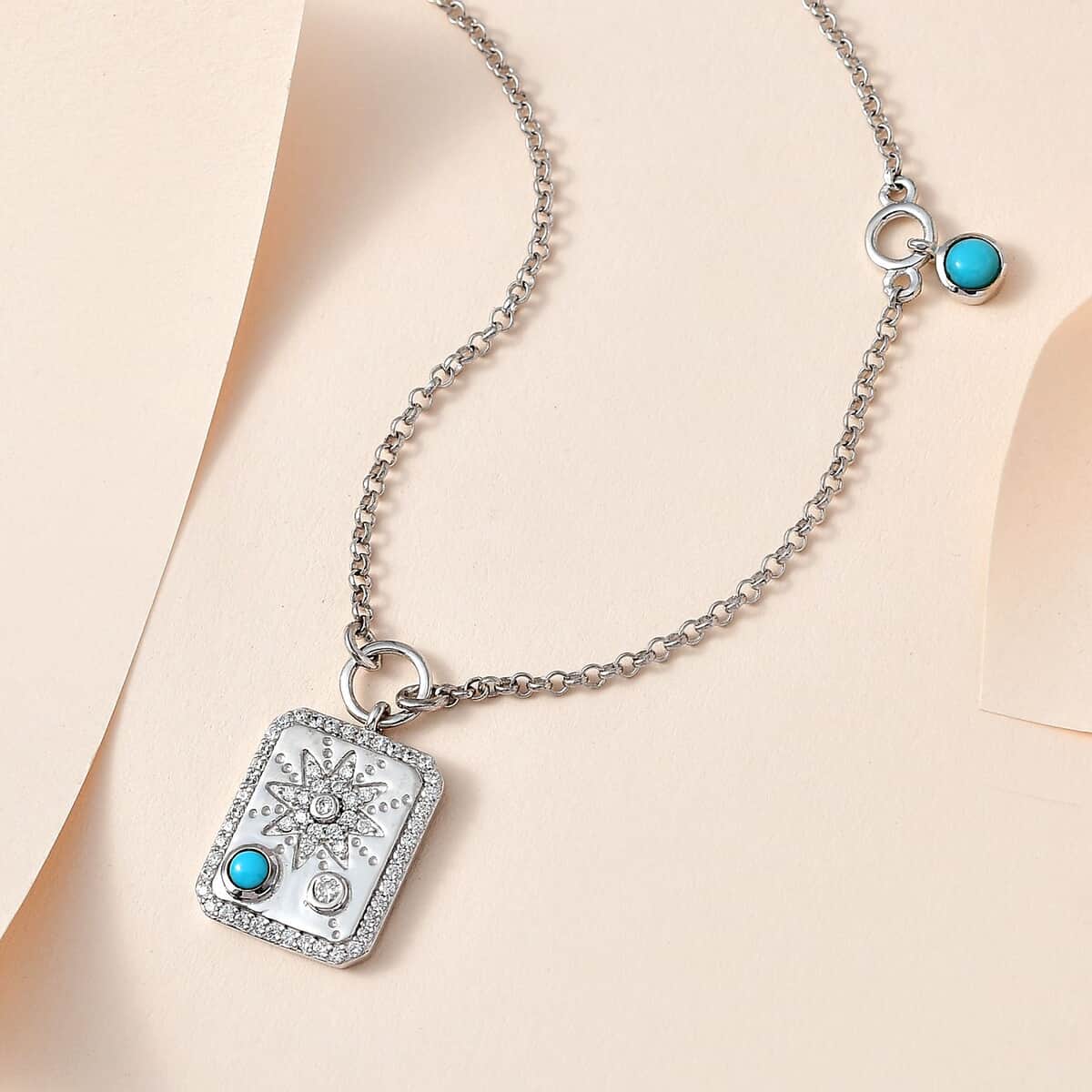 Sleeping Beauty Turquoise, Moissanite Necklace (18 Inches) in Platinum Over Sterling Silver 0.80 ctw image number 1