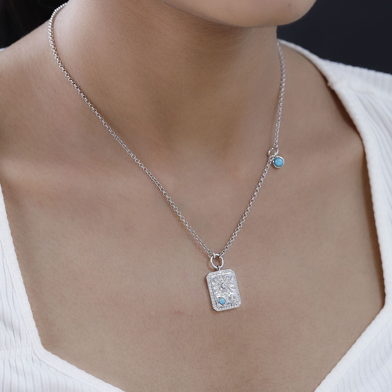 Sleeping Beauty Turquoise and Moissanite Celestial Medallion Charm Station Necklace 18 Inches in Platinum Over Sterling Silver 0.80 ctw