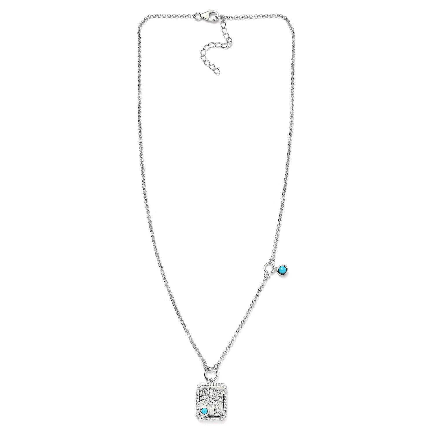 Sleeping Beauty Turquoise and Moissanite Celestial Medallion Charm Station Necklace 18 Inches in Platinum Over Sterling Silver 0.80 ctw