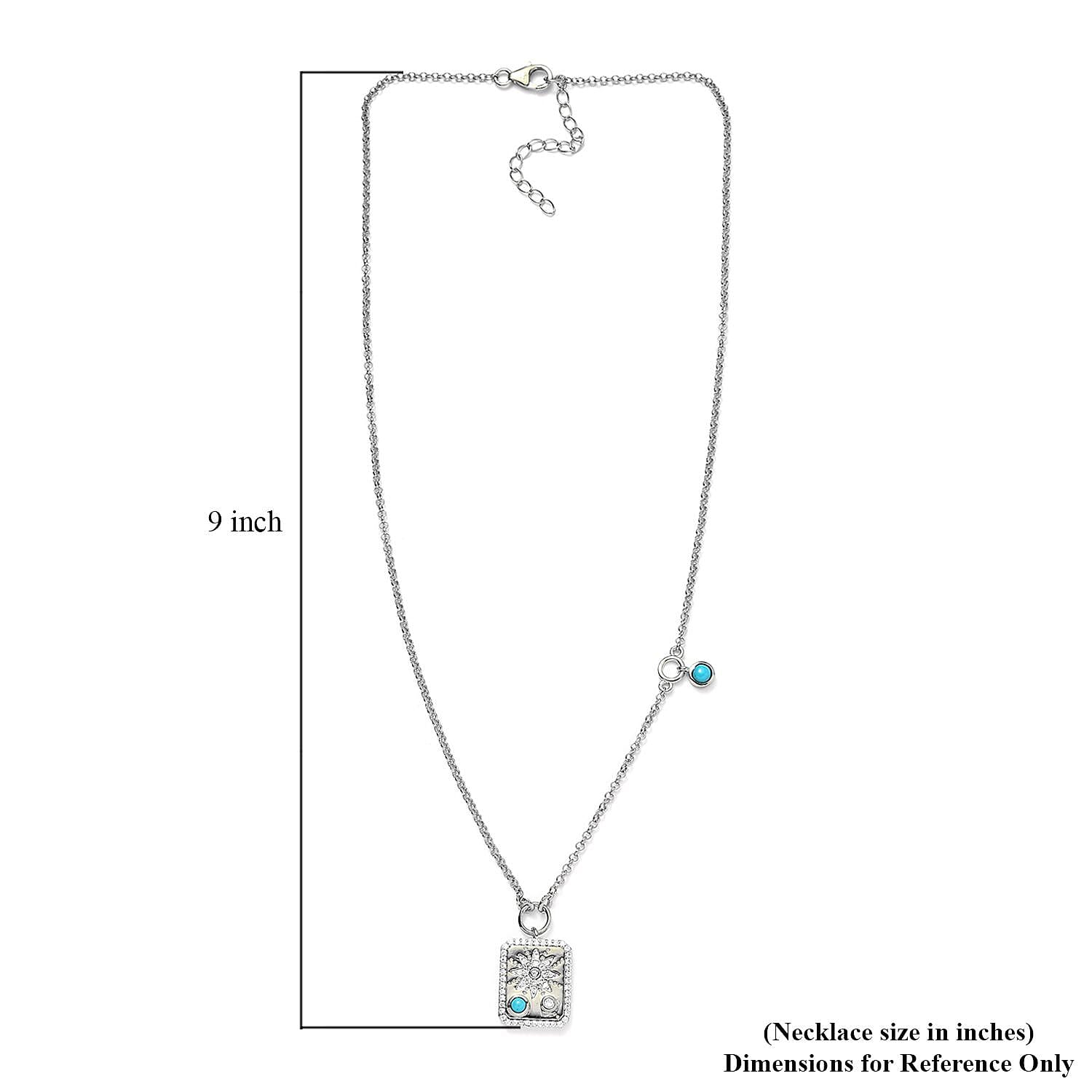 Sleeping Beauty Turquoise and Moissanite Celestial Medallion Charm Station Necklace 18 Inches in Platinum Over Sterling Silver 0.80 ctw