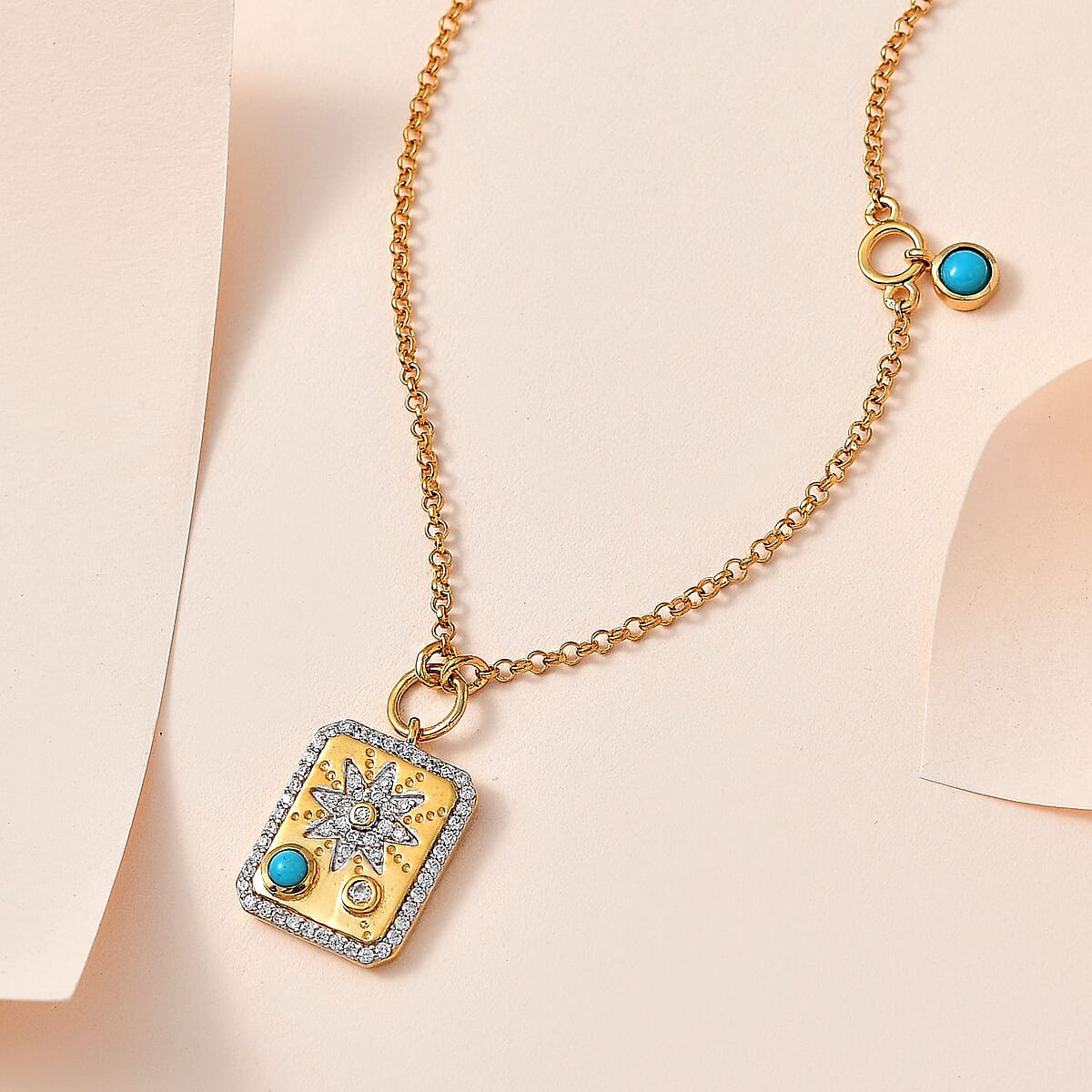 Sleeping Beauty Turquoise and Moissanite Celestial Medallion Charm Station Necklace 18 Inches in Vermeil Yellow Gold Over Sterling Silver 0.80 ctw image number 1