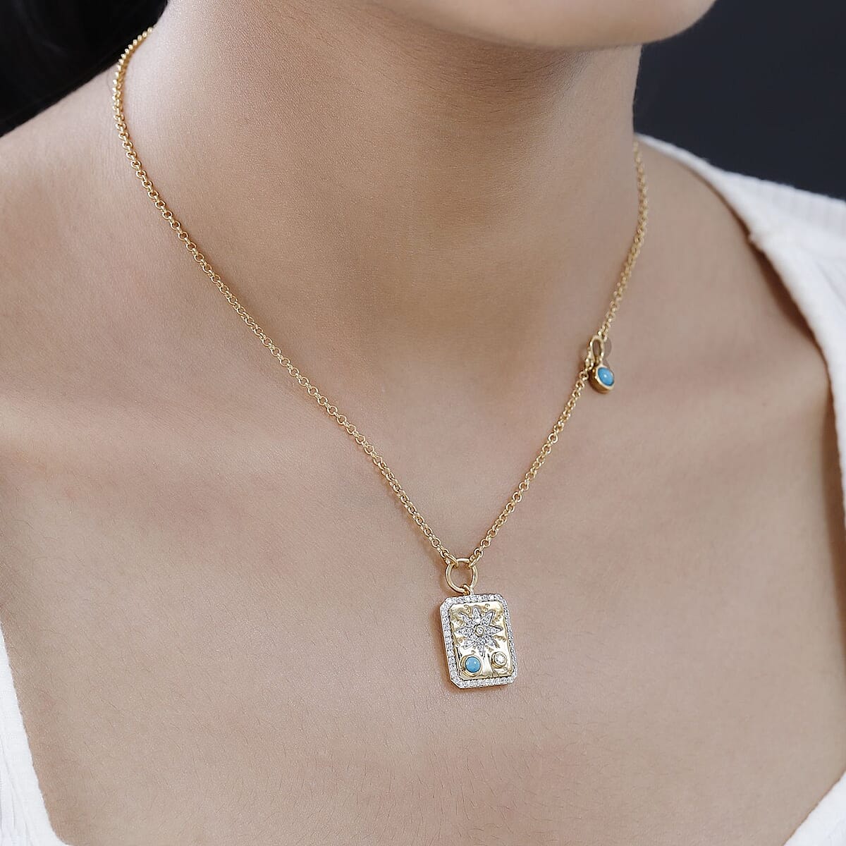 Sleeping Beauty Turquoise and Moissanite Celestial Medallion Charm Station Necklace 18 Inches in Vermeil Yellow Gold Over Sterling Silver 0.80 ctw image number 2