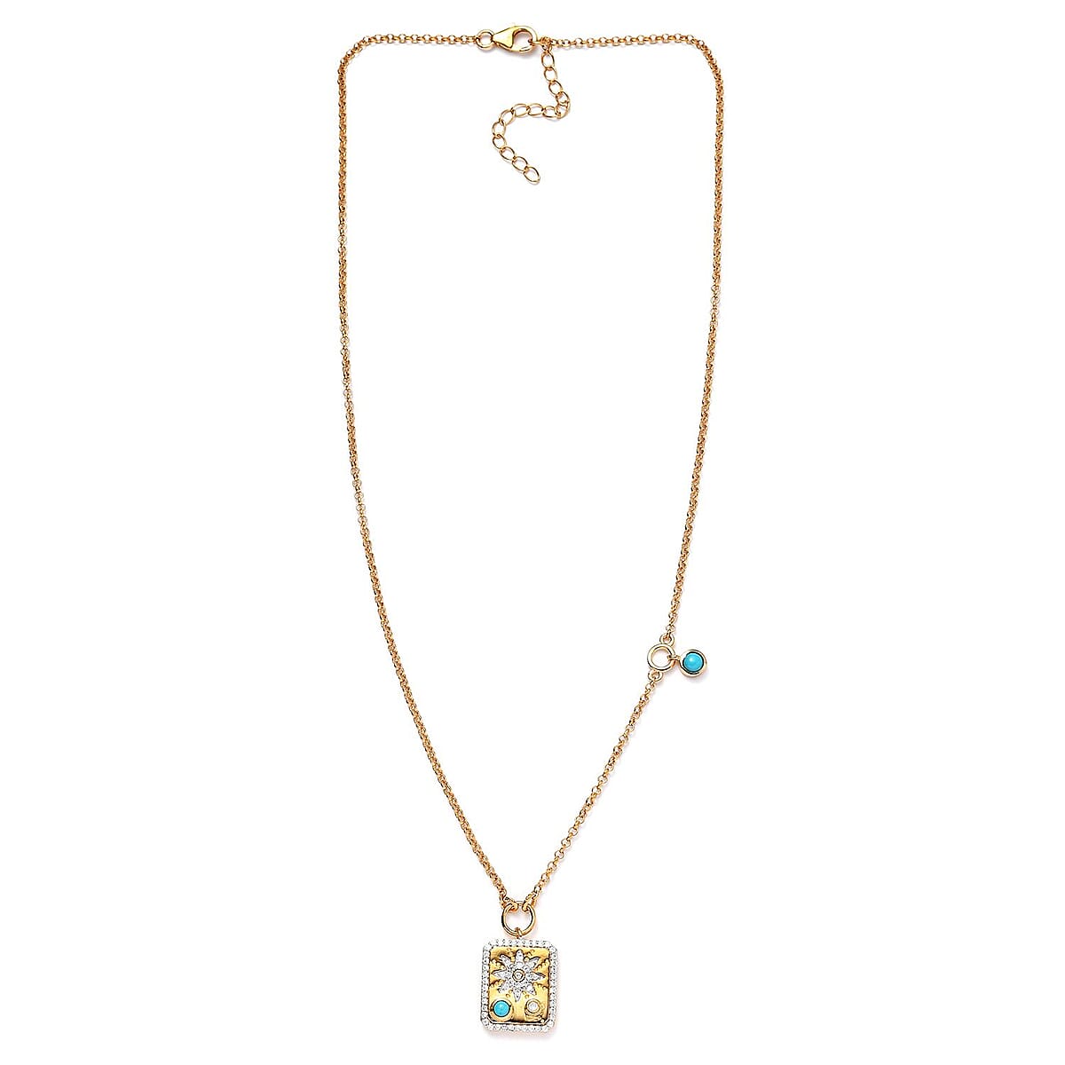 Sleeping Beauty Turquoise and Moissanite Celestial Medallion Charm Station Necklace 18 Inches in Vermeil Yellow Gold Over Sterling Silver 0.80 ctw image number 3