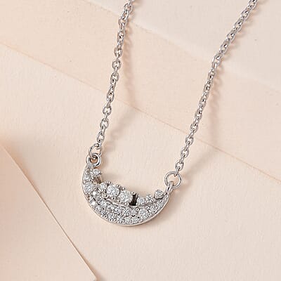 Moissanite Celestial Moon Necklace 18 Inches in Platinum Over Sterling Silver 0.20 ctw