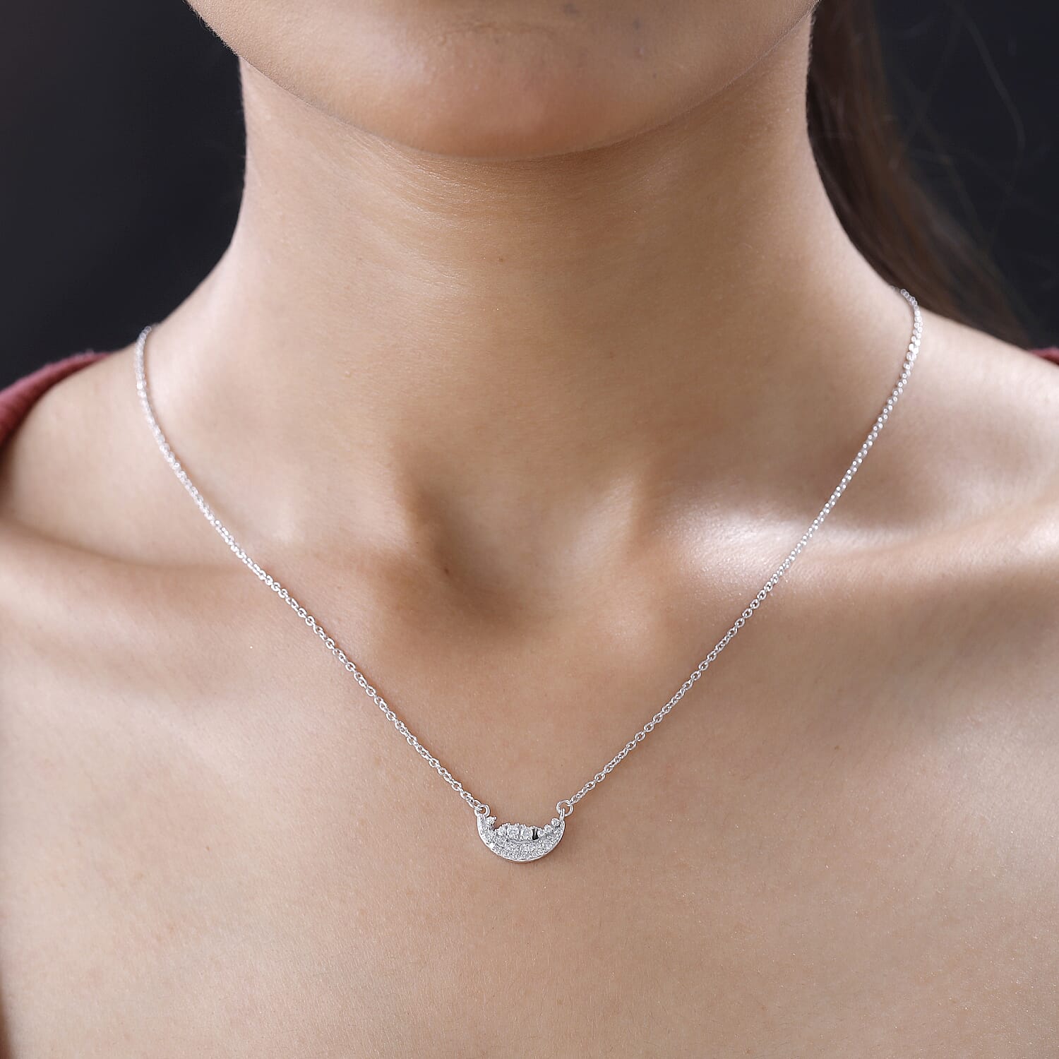 Moissanite Celestial Moon Necklace 18 Inches in Platinum Over Sterling Silver 0.20 ctw