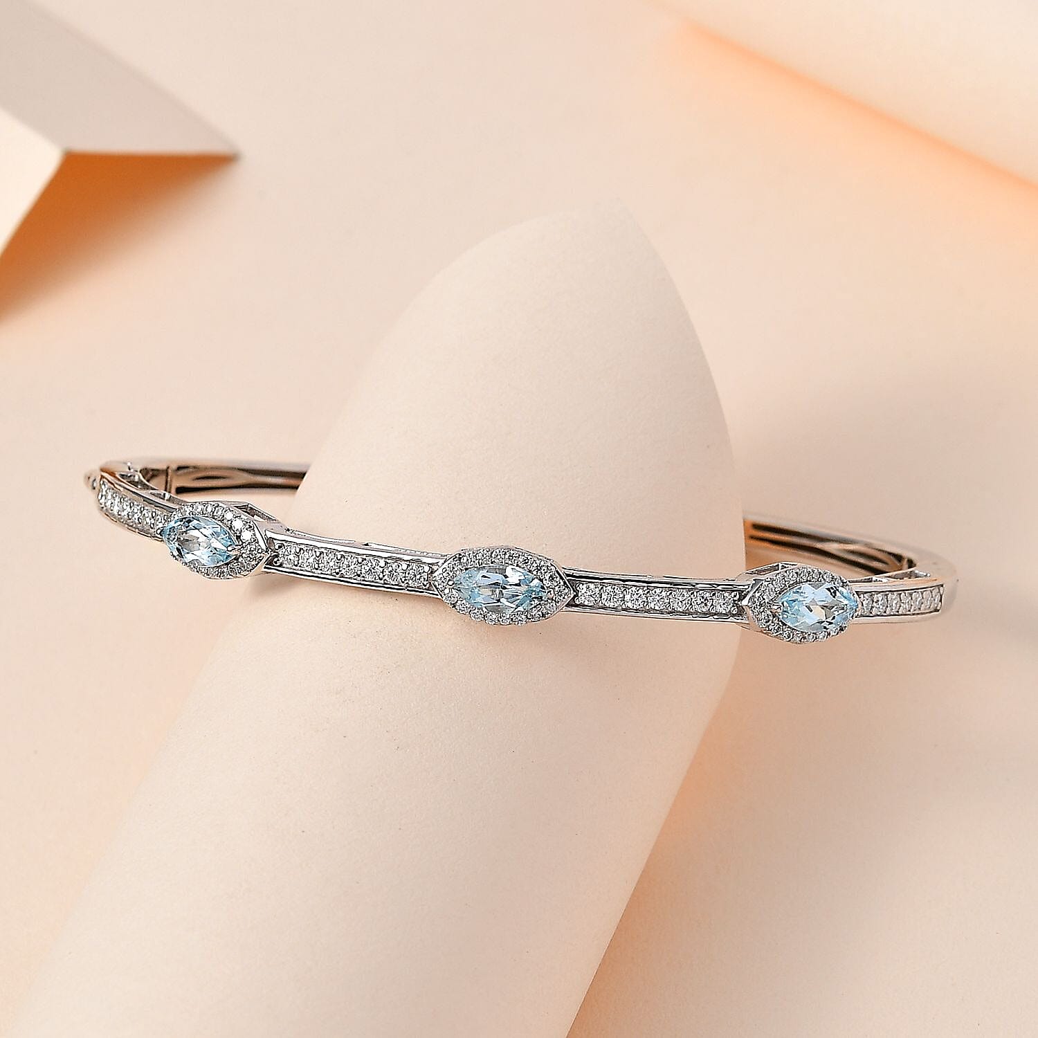 Sky Blue Topaz and Moissanite Bangle Bracelet in Platinum Over Sterling Silver (7.25 in) 2.50 ctw