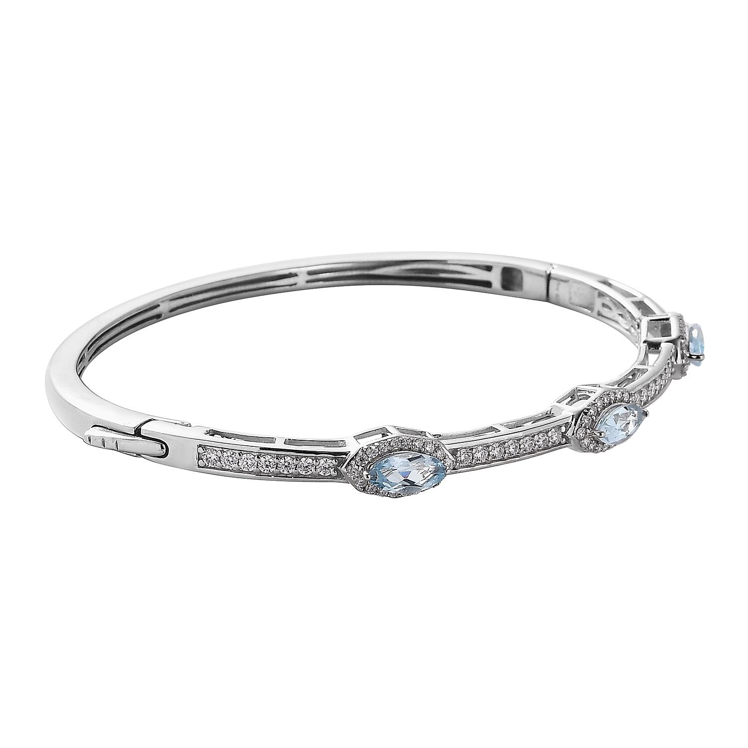 Sky Blue Topaz and Moissanite Bangle Bracelet in Platinum Over Sterling Silver (7.25 in) 2.50 ctw