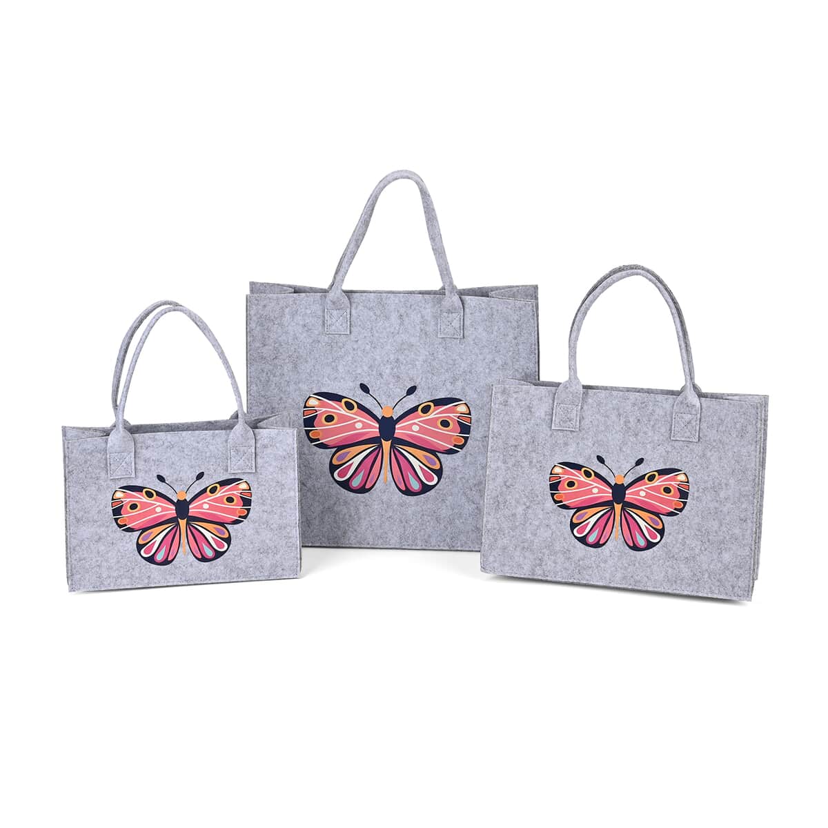 Set of 3 Gray Butterfly Pattern Felt Tote Bag image number 0