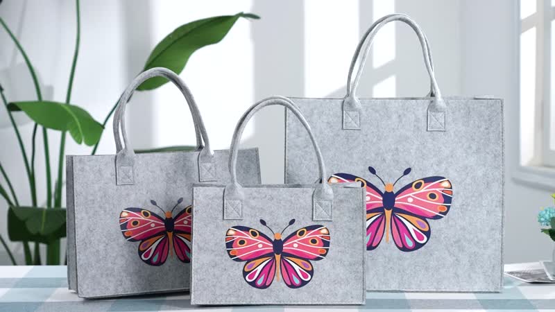 Set of 3 Butterfly Pattern Felt Tote Bag (11.81"x7.87"x4.72"), (13.78"x9.84"x4.72") and (15.75"x13.78"x5.9")