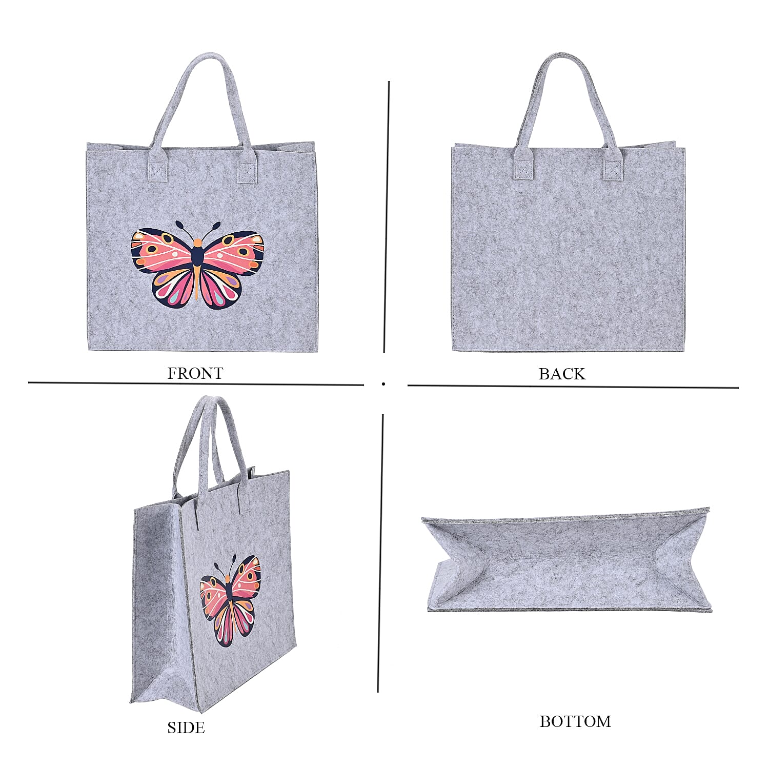 Set of 3 Gray Butterfly Pattern Felt Tote Bag