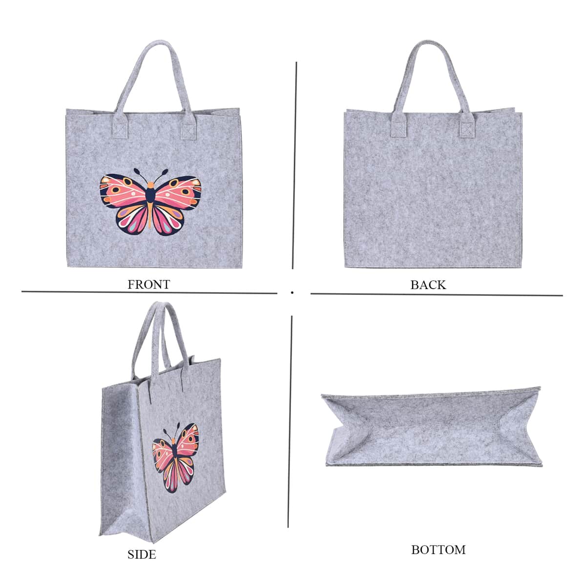 Set of 3 Gray Butterfly Pattern Felt Tote Bag image number 1
