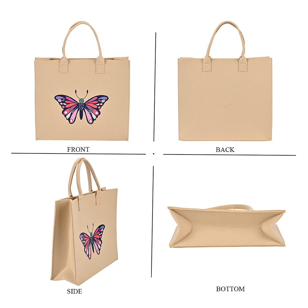 Set of 3 Beige Butterfly Pattern Felt Tote Bag image number 1