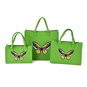 Set of 3 Green Butterfly Pattern Felt Tote Bag