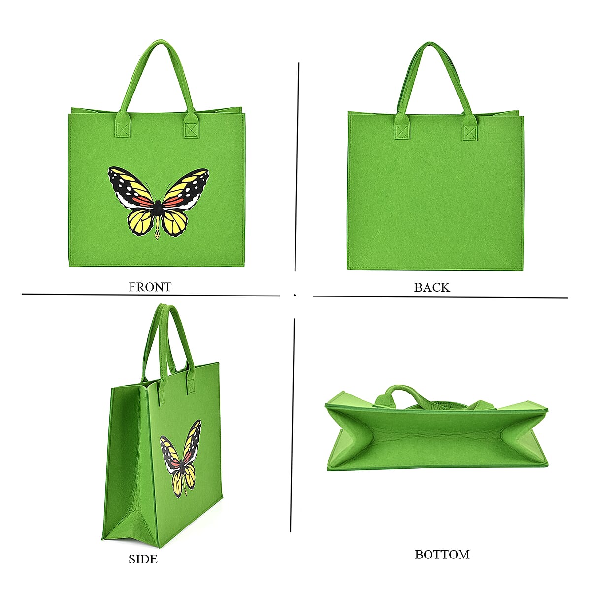 Set of 3 Green Butterfly Pattern Felt Tote Bag image number 1