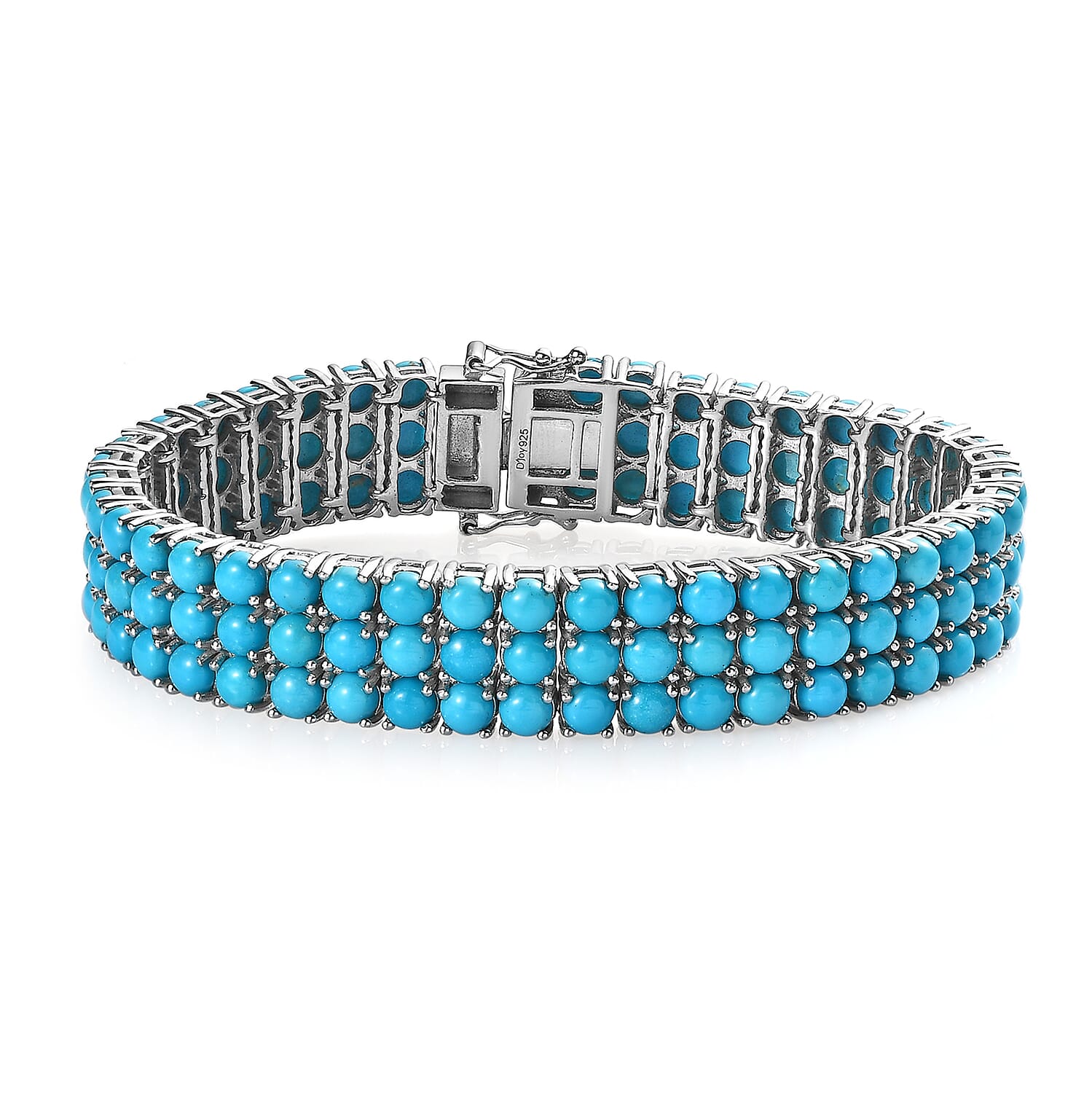D'Joy Premium Sleeping Beauty Turquoise 29.00 ctw 3 Row Bracelet in Platinum Over Sterling Silver (7.25 In)