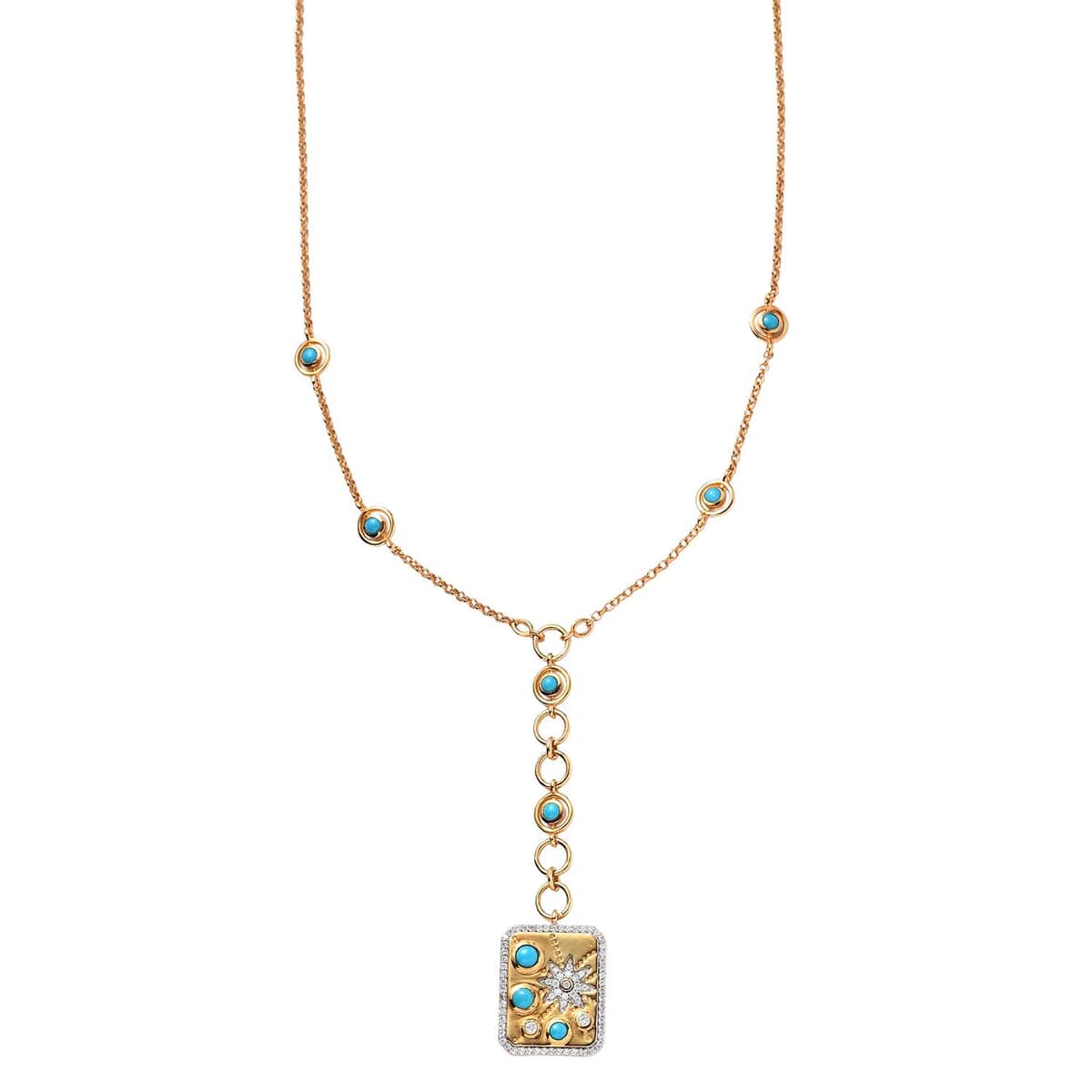 Sleeping Beauty Turquoise and Moissanite Celestial Medallion Coin Necklace 18 Inches in Vermeil Yellow Gold Over Sterling Silver 1.85 ctw image number 0